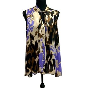 Nygard Collection purple brown printed sleeveless necktie blouse top Sz 12